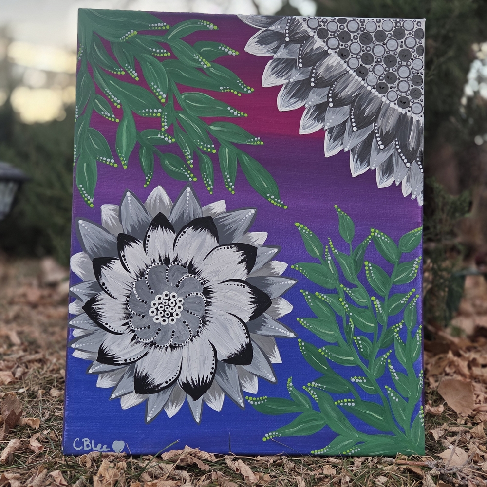 Floral Canvas Art with Green Leaves